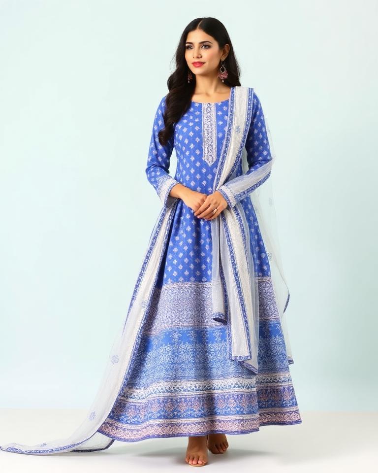 Blue Cotton Anarkali