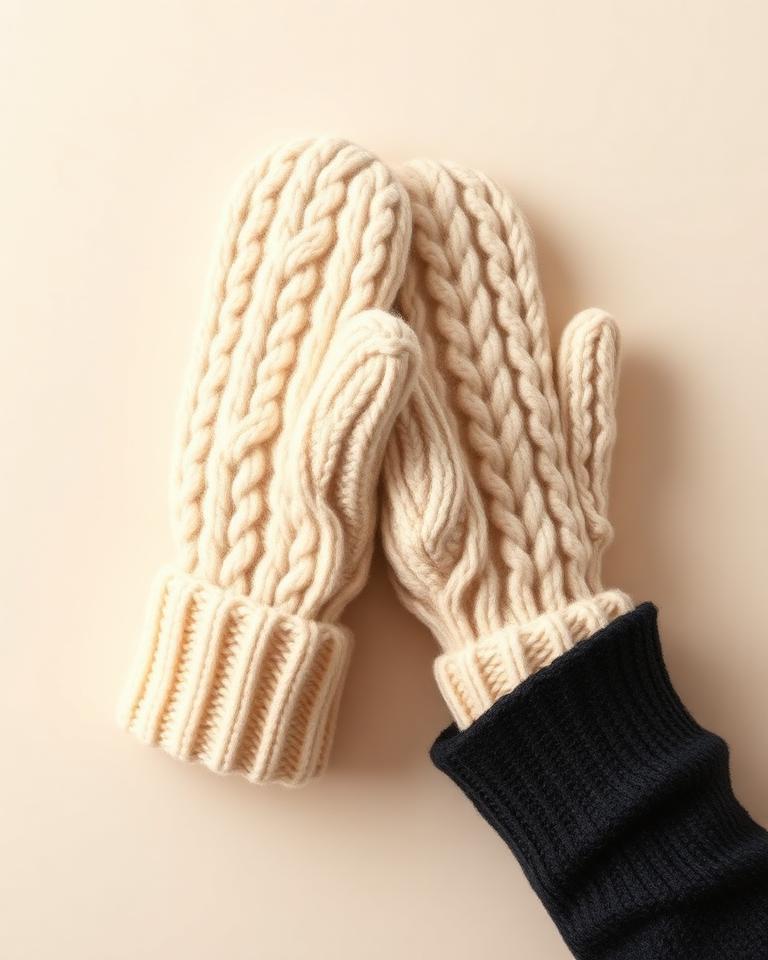 Ivory Cable-Knit Mittens