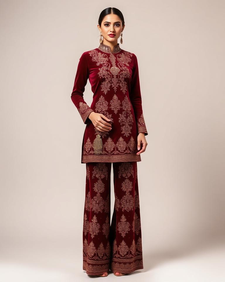 Maroon Velvet Sharara Set