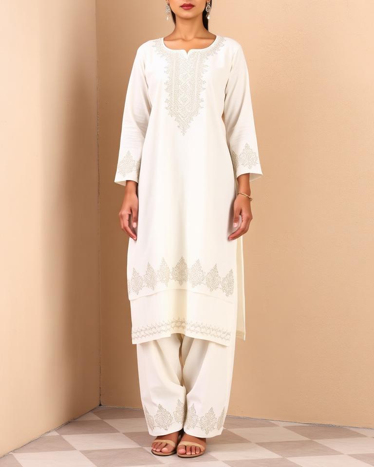 White Cotton Embroidered Suit